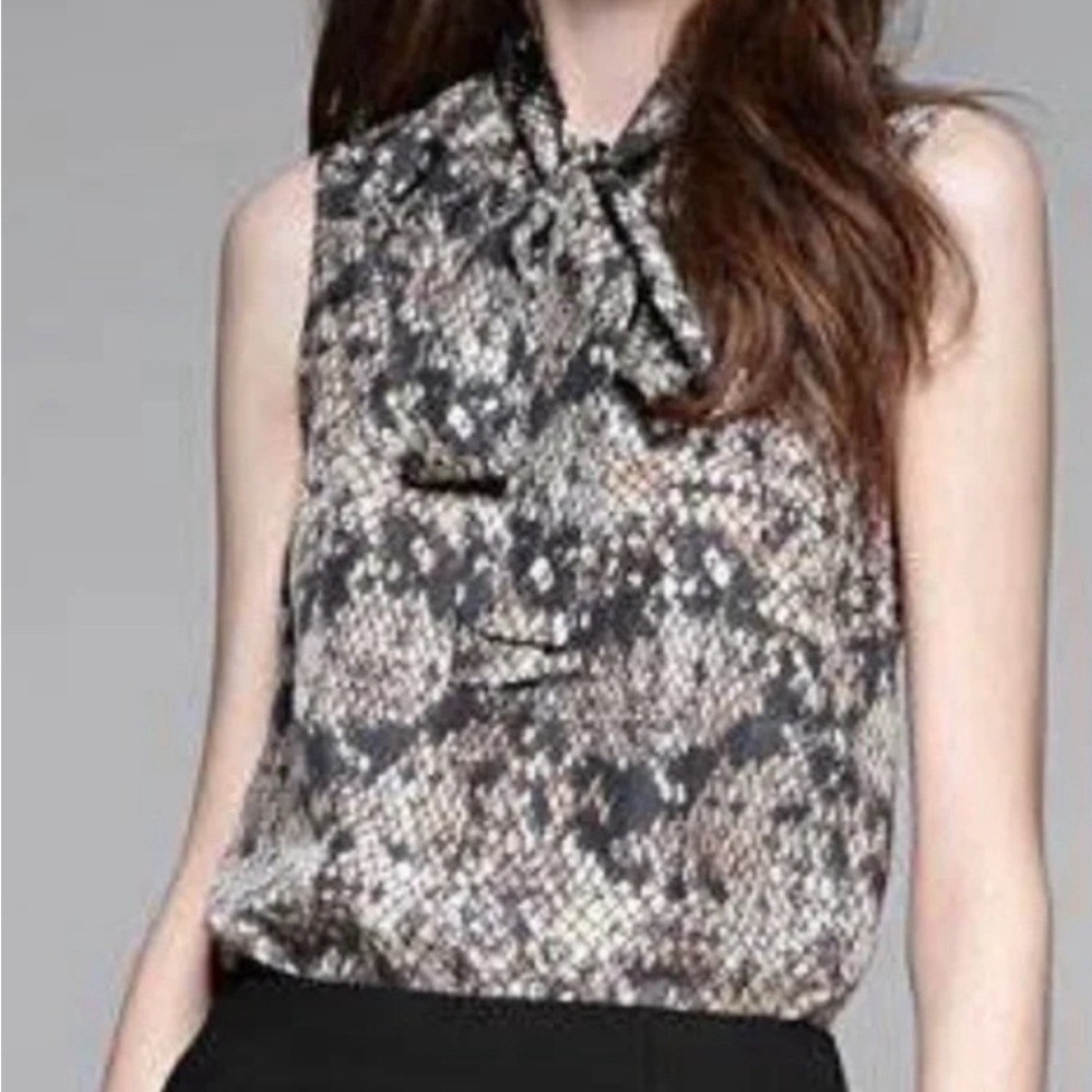 Theory Womens 100% Silk Snakeskin Print Tie‎ Neck Sleeveless Blouse Petite P TP